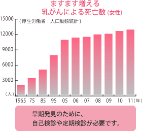 ますます増える乳がんによる死亡数(女性) 早期発見のために、自己検診や定期検診が必要です。