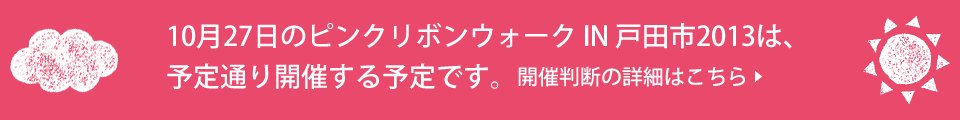 10月27日のピンクリボンウォーク IN 戸田市2013は、予定通り行う予定です。開催判断の詳細はこちら