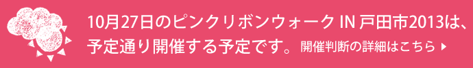 10月27日のピンクリボンウォーク IN 戸田市2013は、予定通り行う予定です。開催判断の詳細はこちら