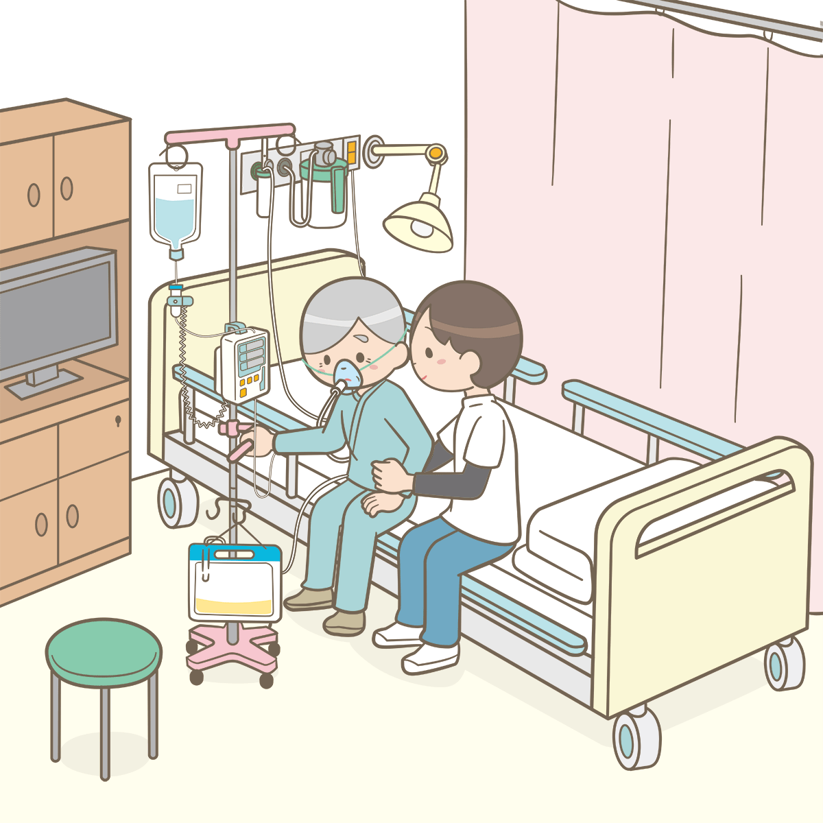 病室で点滴や酸素投与がついている状態でセラピストとベッドに座っている絵